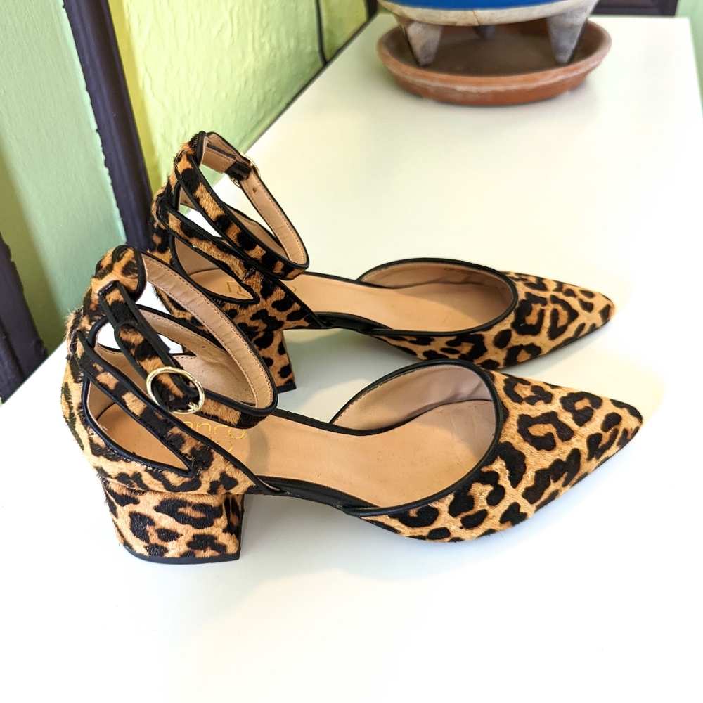 Franco Sarto Genuine Calf Hair Leopard Cheetah Print Block Heels w Ankle Strap